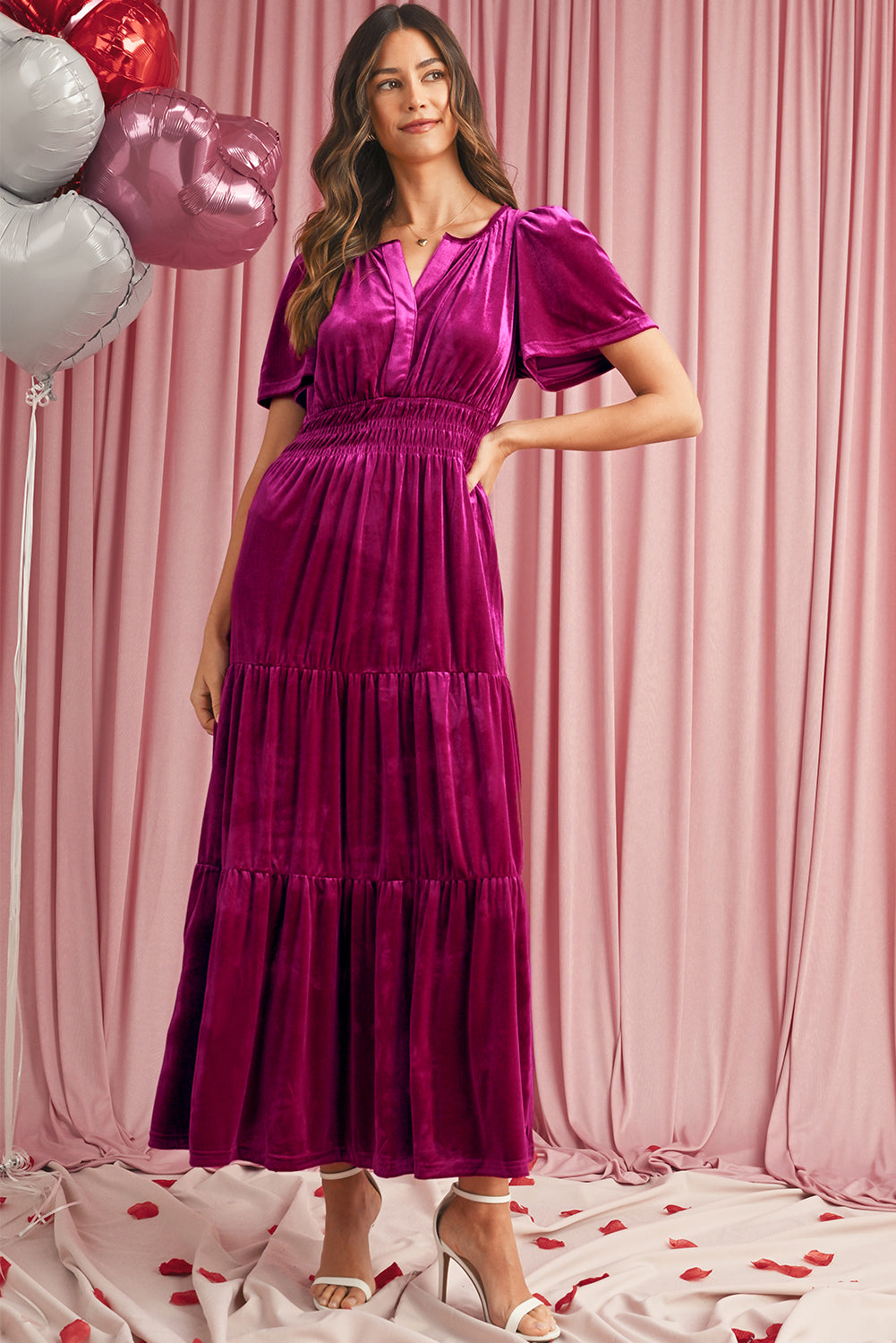 Red Dahlia Velvet Short Sleeve Shirred Waist Tiered Maxi Dress