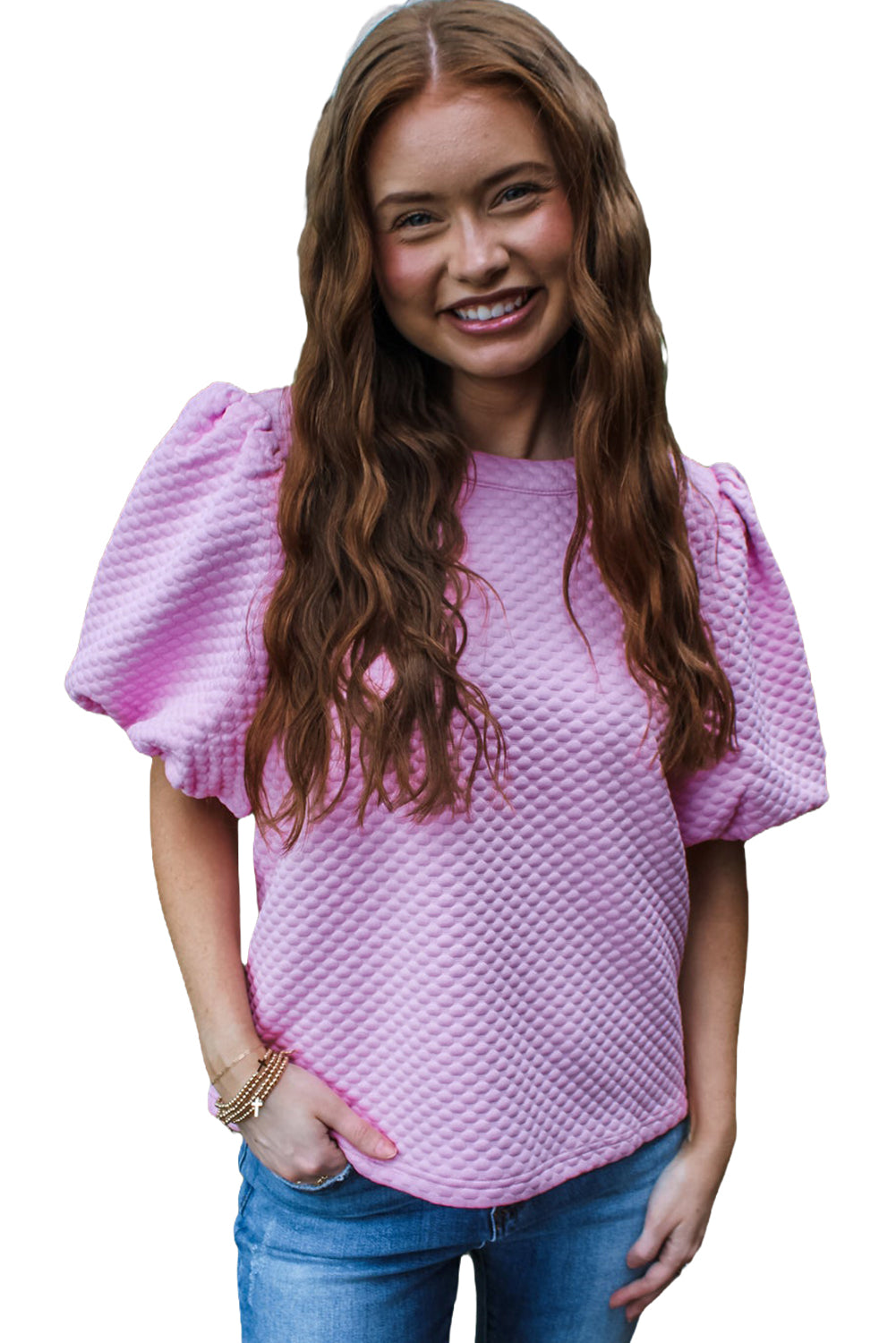 White Solid Textured O Neck Puff Sleeve Blouse