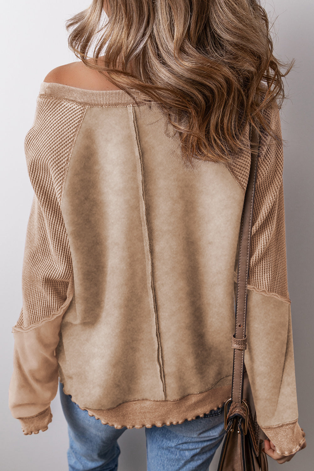 Pink Waffle Patchwork Raglan Sleeve Exposed Seam Sweatshirt