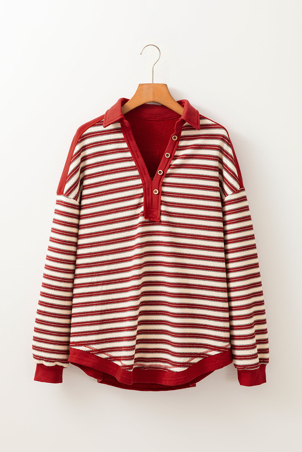 Pink Stripe Collared V Neck Drop Shoulder Top