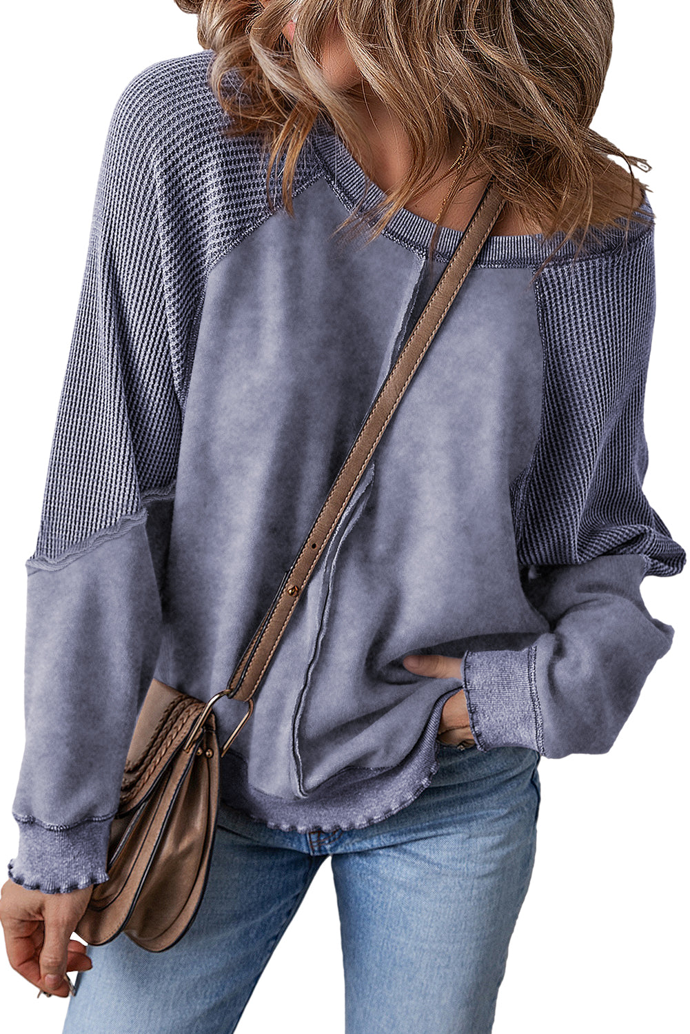 Pink Waffle Patchwork Raglan Sleeve Exposed Seam Sweatshirt