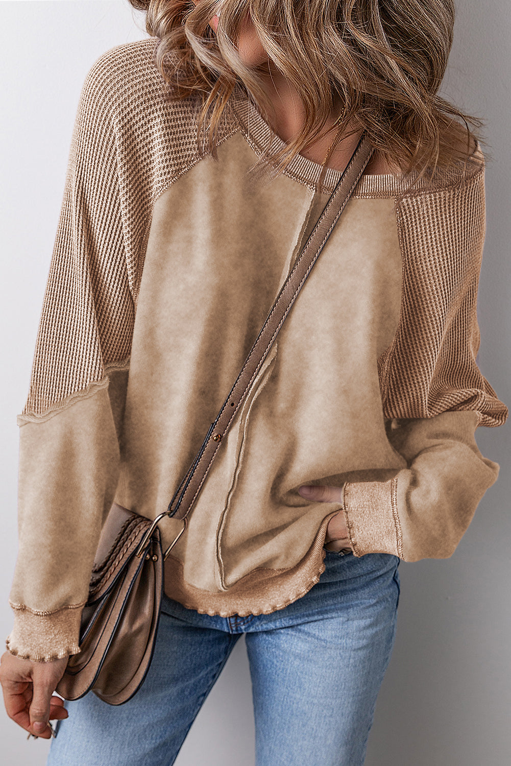 Pink Waffle Patchwork Raglan Sleeve Exposed Seam Sweatshirt