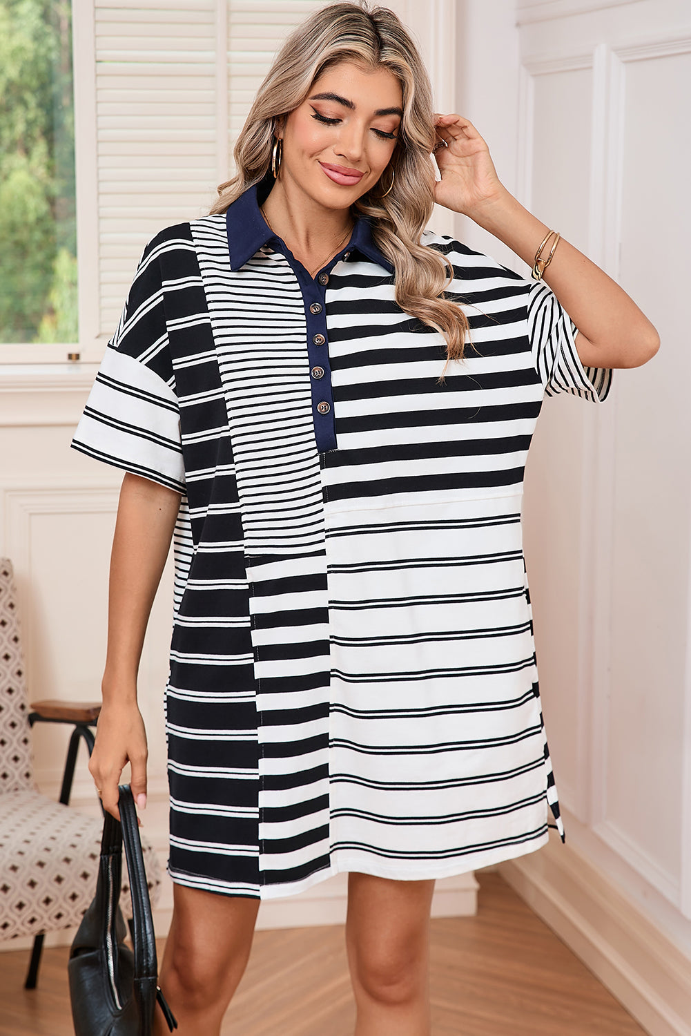 Black Striped Patchwork Collared Mini Dress