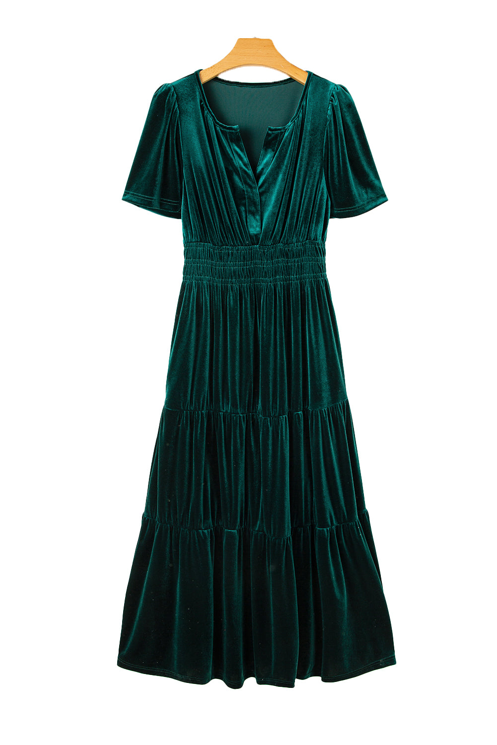 Red Dahlia Velvet Short Sleeve Shirred Waist Tiered Maxi Dress