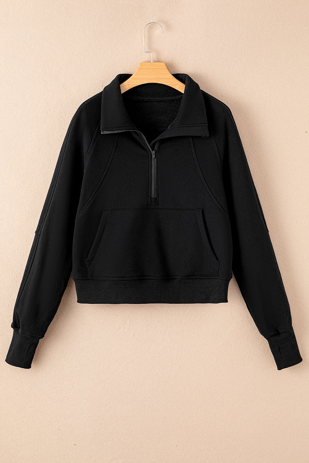 Gray Zip Up Stand Collar Ribbed Thumbhole Sleeve Sweatshirt