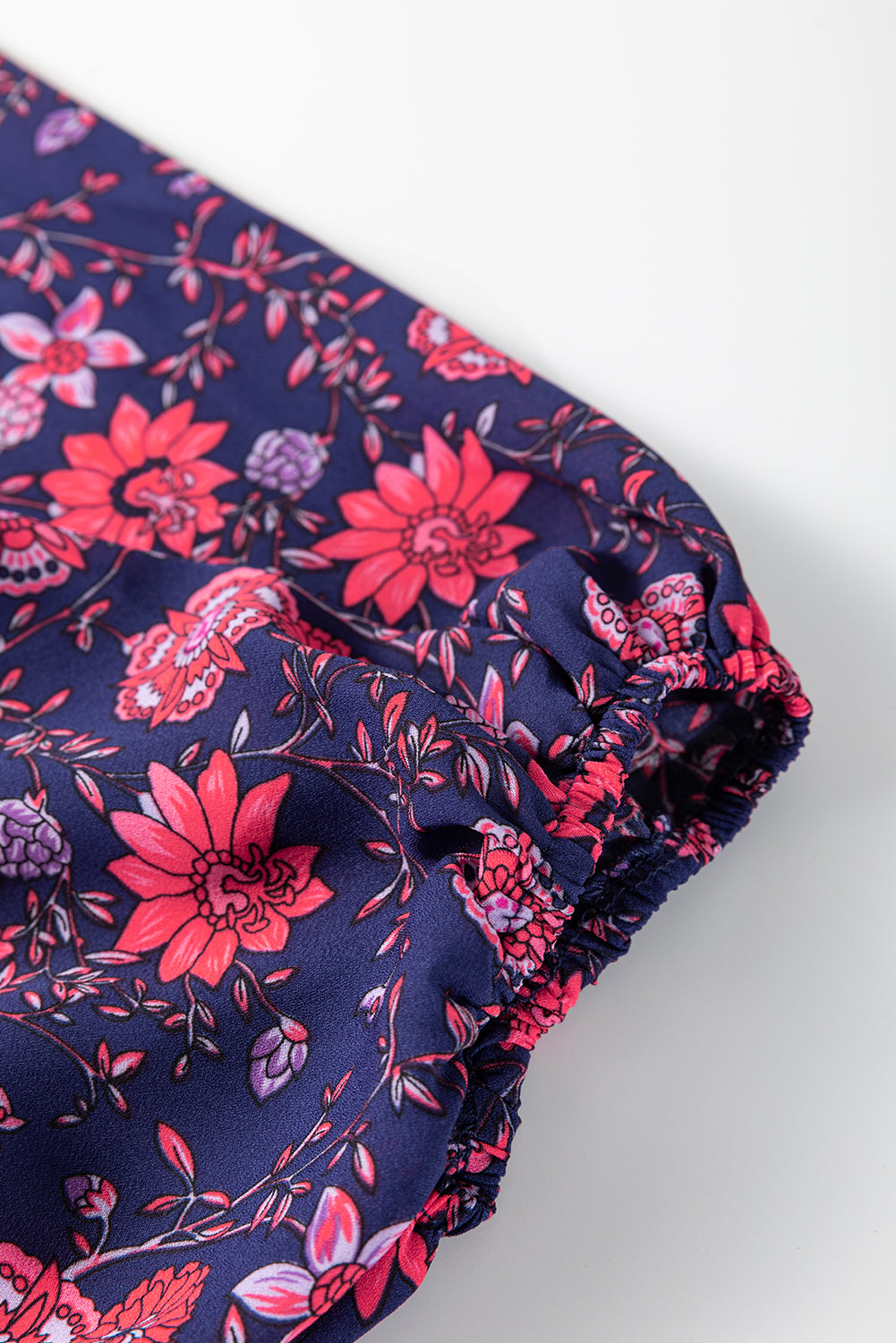 Purple Floral Puff Half Sleeve Split Neck Blouse