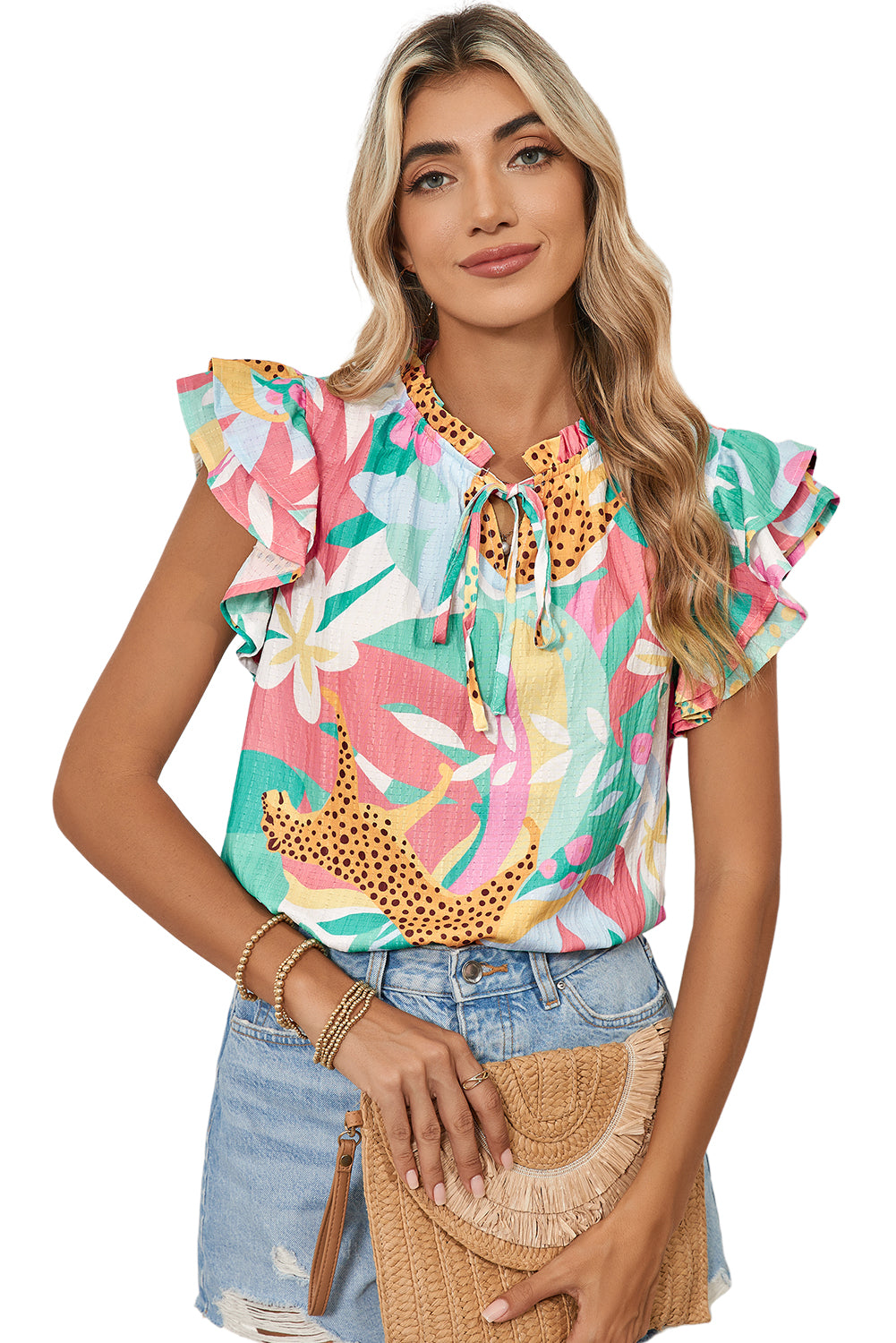 Green Tie Split Neck Ruffle Summer Cheetah Floral Blouse