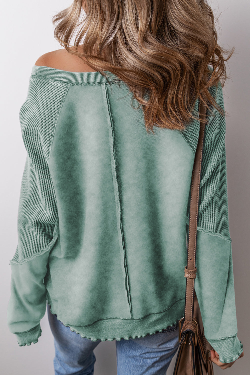 Pink Waffle Patchwork Raglan Sleeve Exposed Seam Sweatshirt