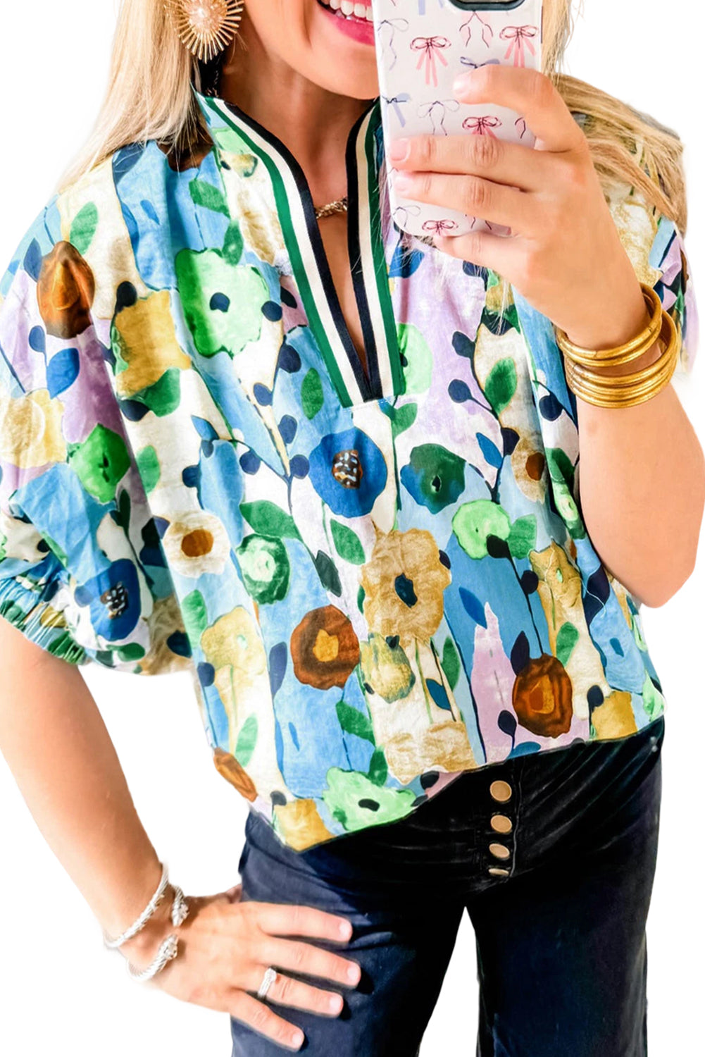 Light Blue V-Neck Floral Print Boho Blouse