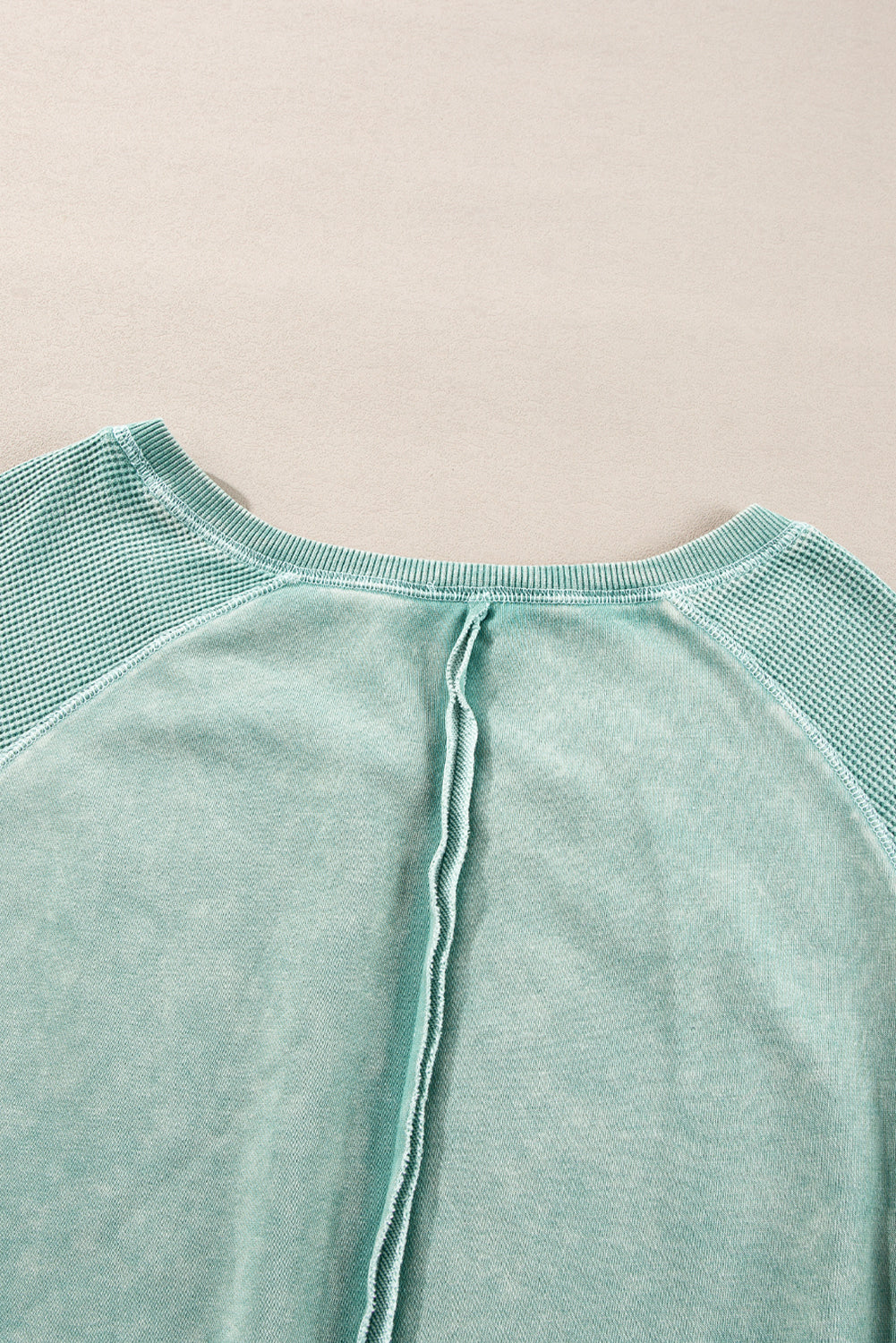 Pink Waffle Patchwork Raglan Sleeve Exposed Seam Sweatshirt