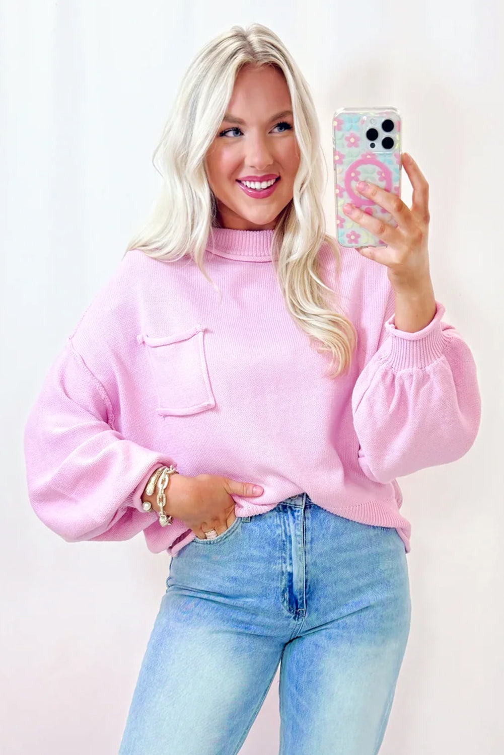 Pink Solid Color Pocket Bishop Sleeve Knit Sweater
