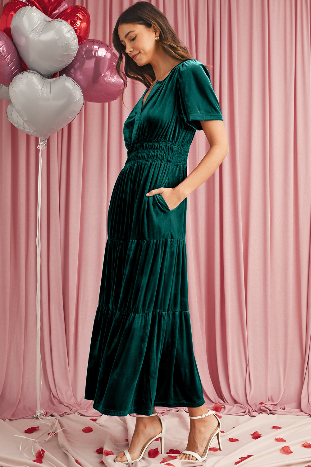Red Dahlia Velvet Short Sleeve Shirred Waist Tiered Maxi Dress