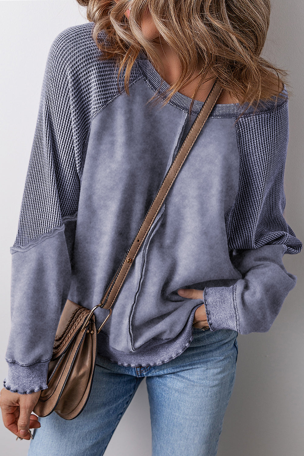 Pink Waffle Patchwork Raglan Sleeve Exposed Seam Sweatshirt