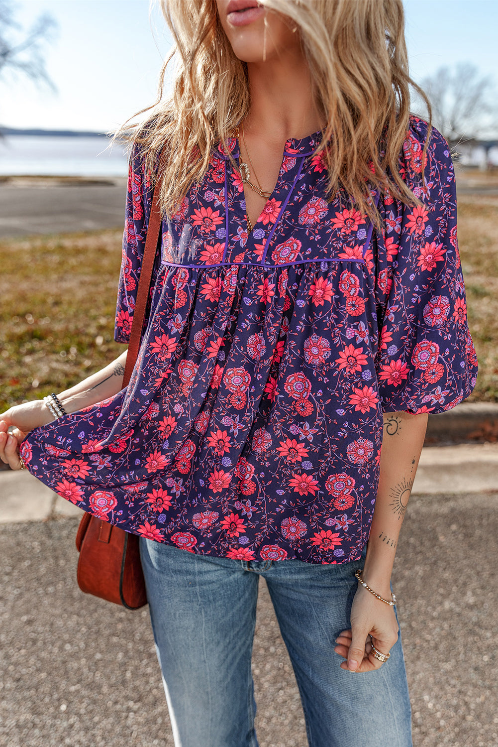 Purple Floral Puff Half Sleeve Split Neck Blouse