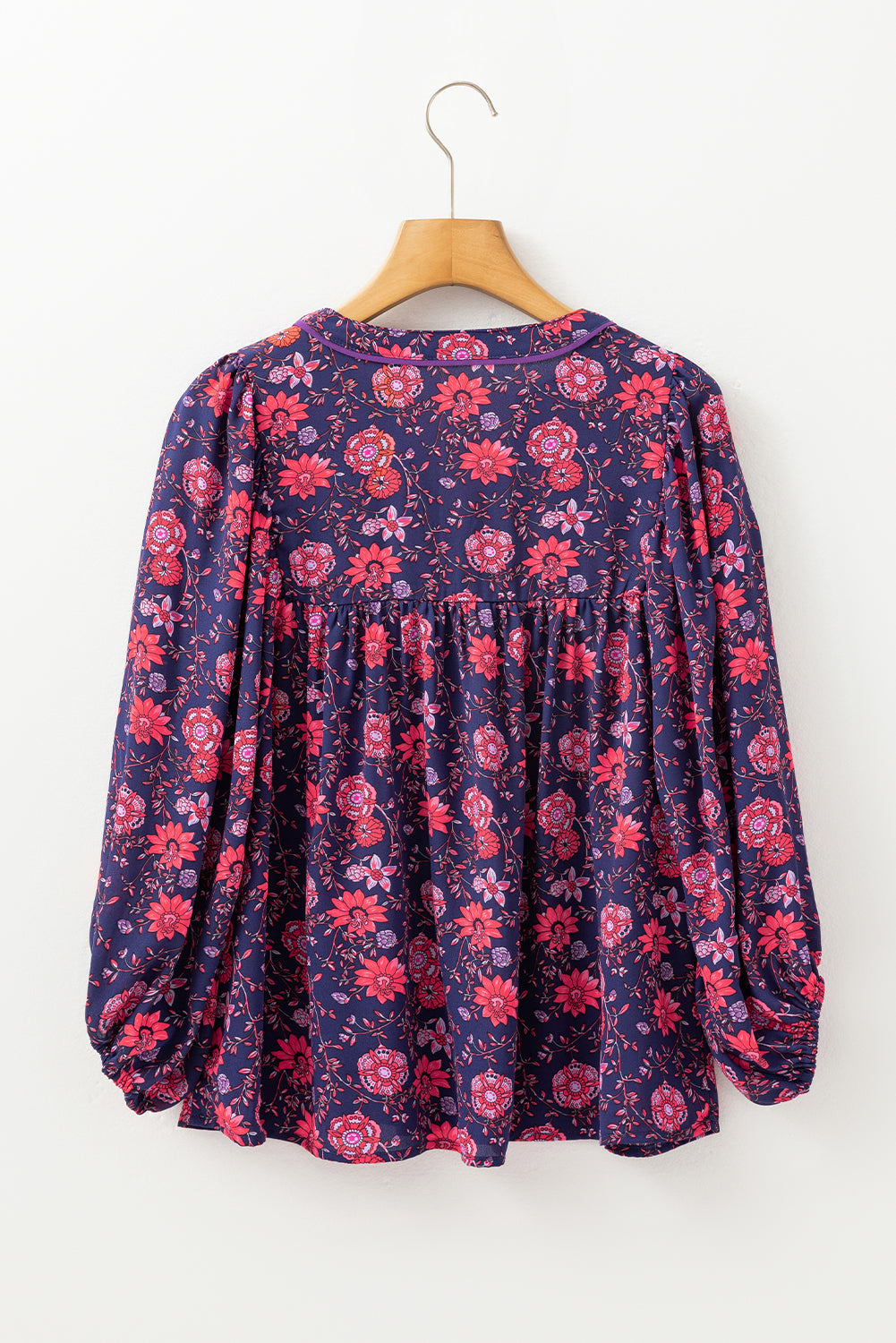 Purple Floral Puff Half Sleeve Split Neck Blouse