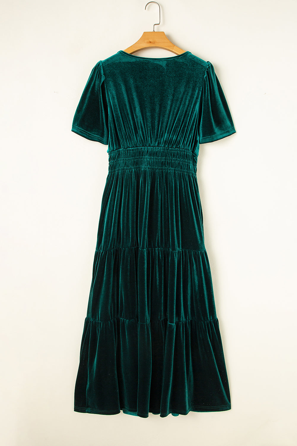 Red Dahlia Velvet Short Sleeve Shirred Waist Tiered Maxi Dress