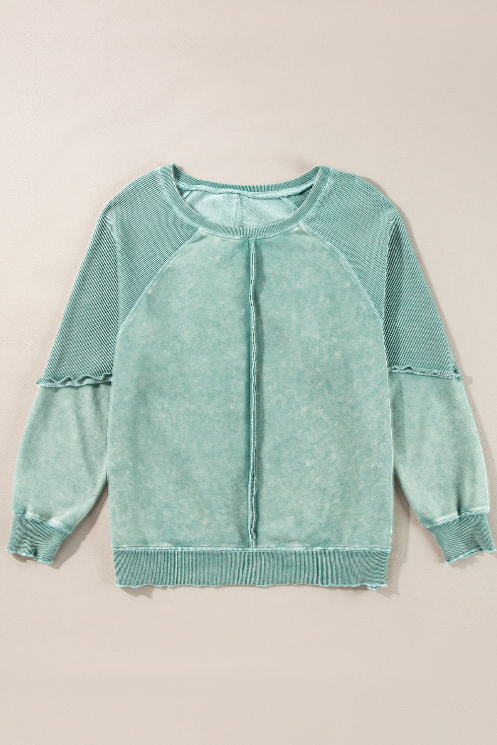 Pink Waffle Patchwork Raglan Sleeve Exposed Seam Sweatshirt