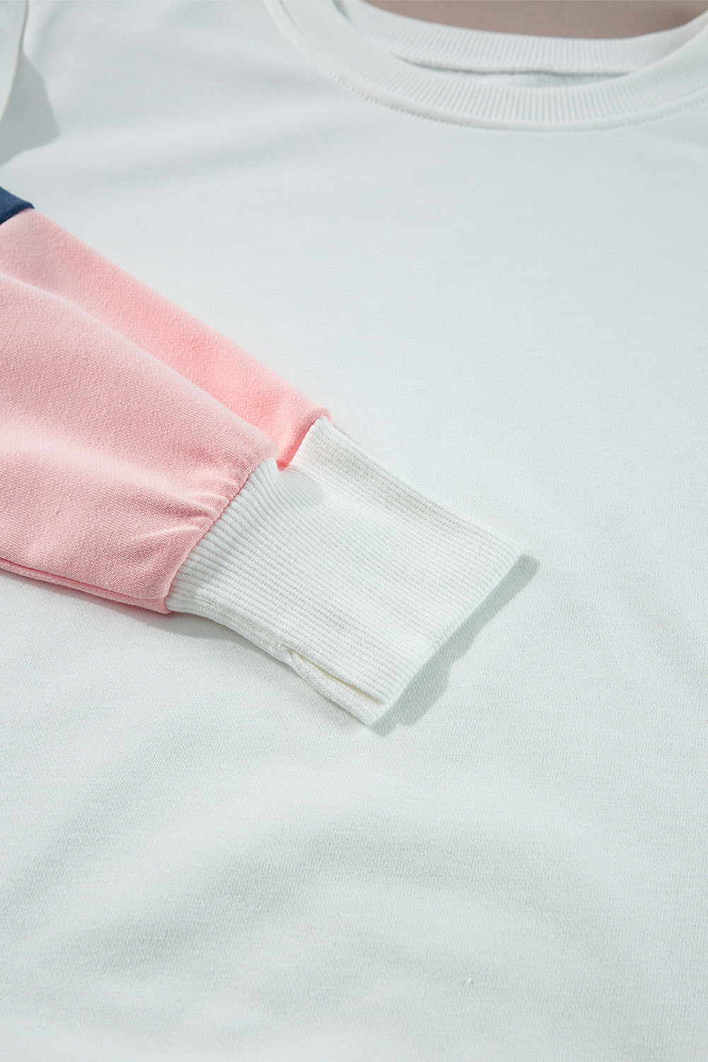 White Color Block Sleeve Ribbed Trim Long Sleeve Top