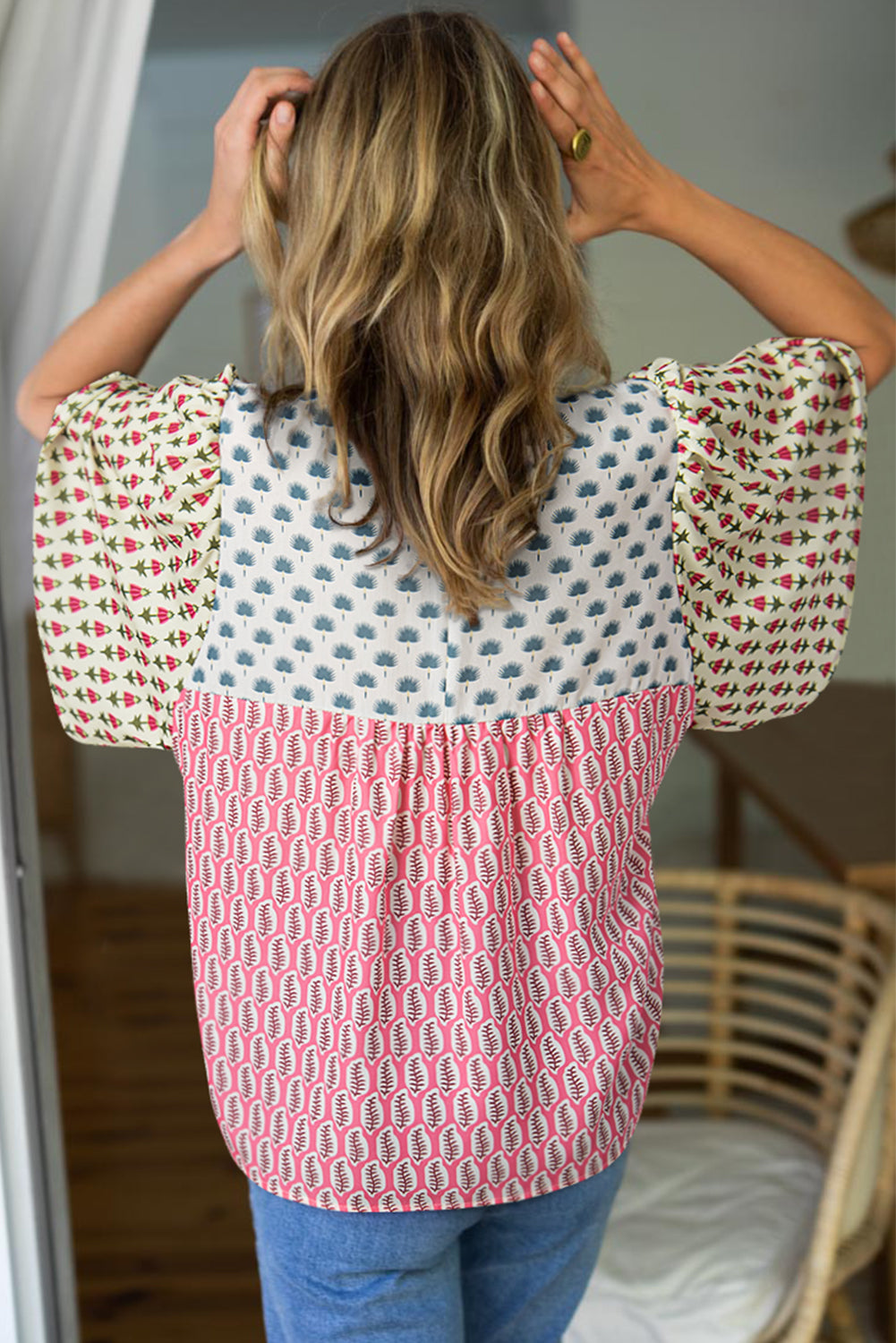 Red Colorblock Floral Flounce Sleeve Blouse