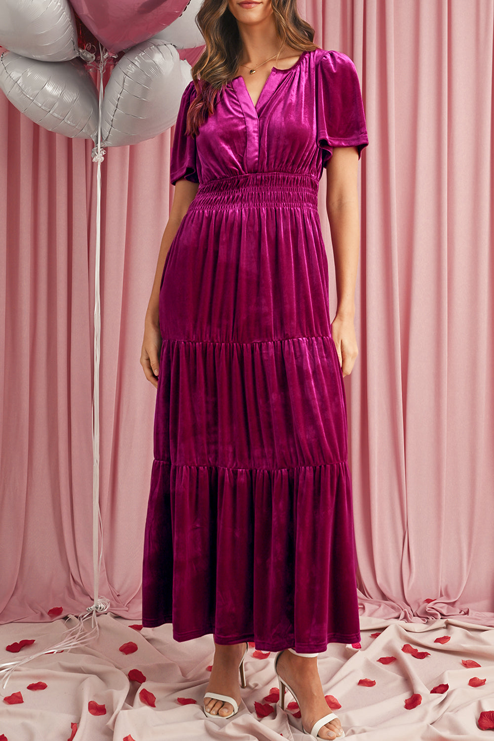 Red Dahlia Velvet Short Sleeve Shirred Waist Tiered Maxi Dress