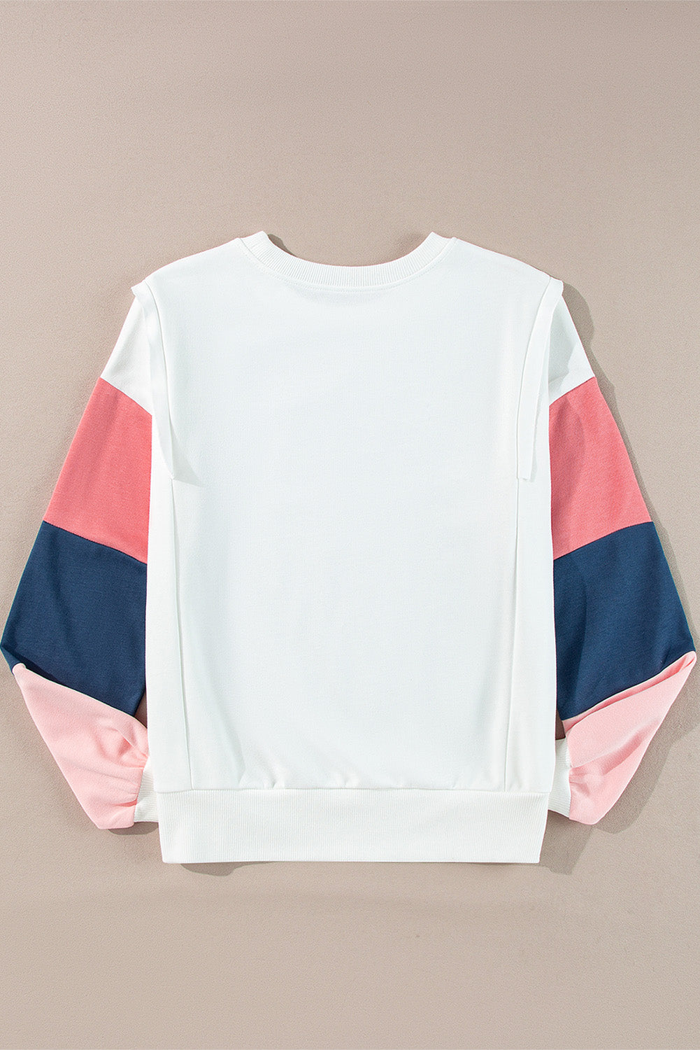 White Color Block Sleeve Ribbed Trim Long Sleeve Top