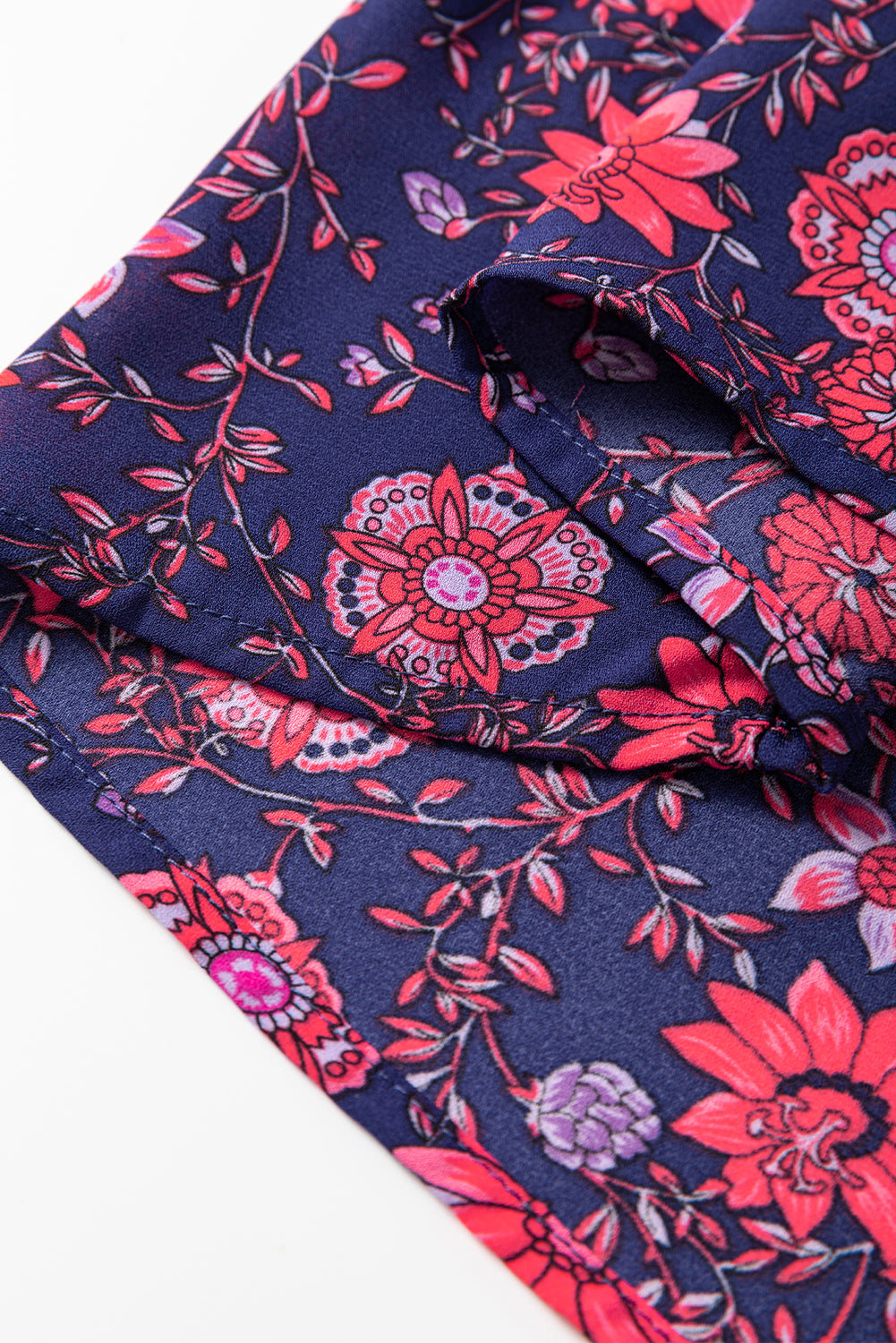 Purple Floral Puff Half Sleeve Split Neck Blouse