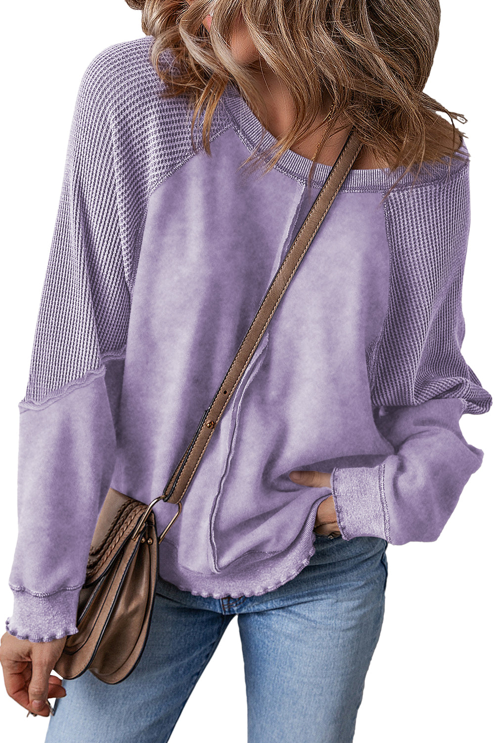 Pink Waffle Patchwork Raglan Sleeve Exposed Seam Sweatshirt