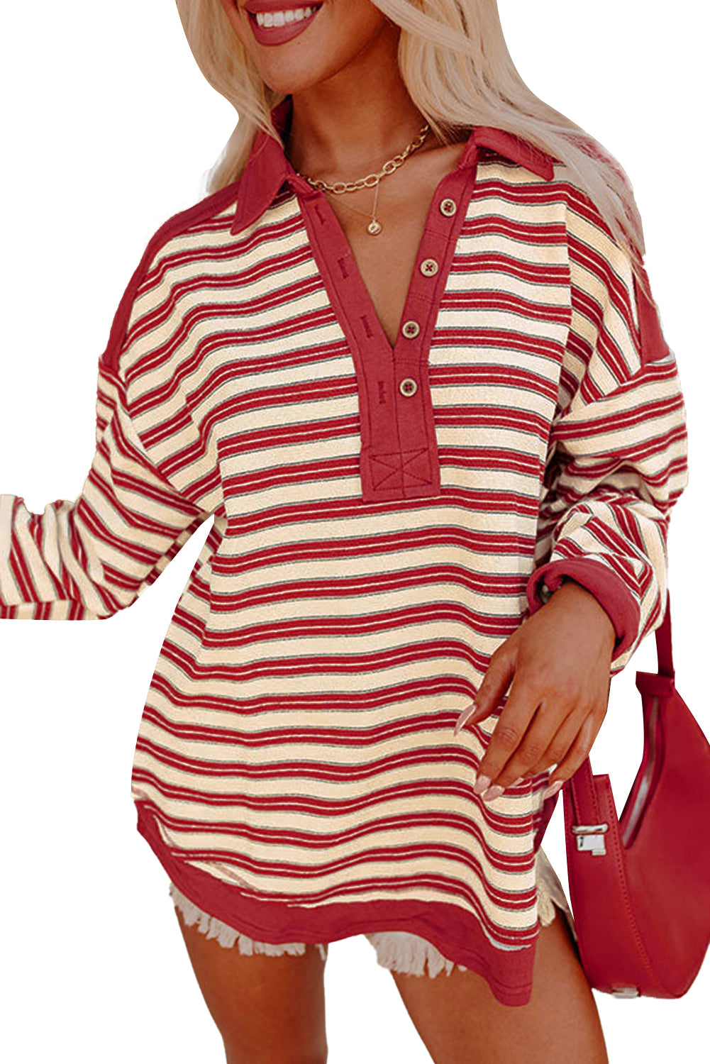 Pink Stripe Collared V Neck Drop Shoulder Top