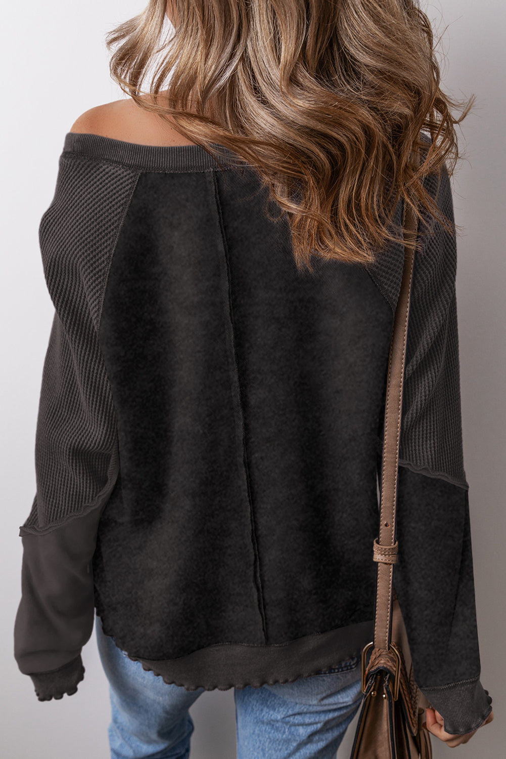 Pink Waffle Patchwork Raglan Sleeve Exposed Seam Sweatshirt