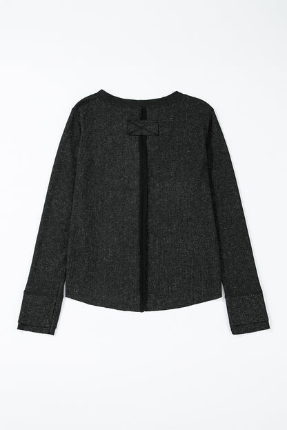 Smoke Green Casual V Neck Waffle Knit Top