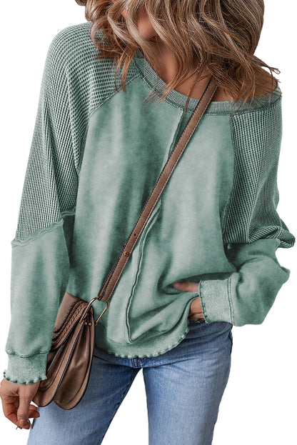 Pink Waffle Patchwork Raglan Sleeve Exposed Seam Sweatshirt