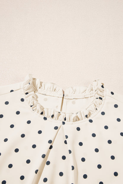 Apricot Polka Dot Print Frill Neck Smocked Lantern Sleeve Blouse