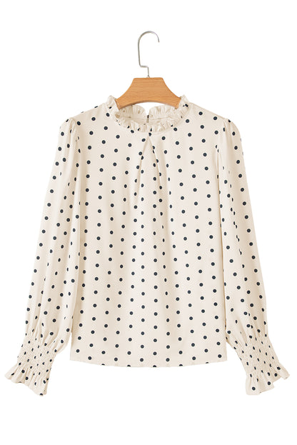 Apricot Polka Dot Print Frill Neck Smocked Lantern Sleeve Blouse