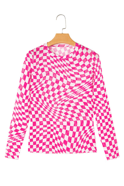 Black Checkered Pattern Mesh Long Sleeve Top