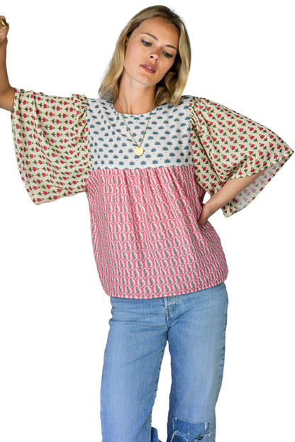 Red Colorblock Floral Flounce Sleeve Blouse