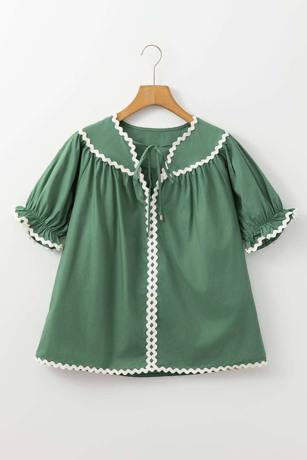 Mist Green V Neck Tie Detail Ricrac Blouse