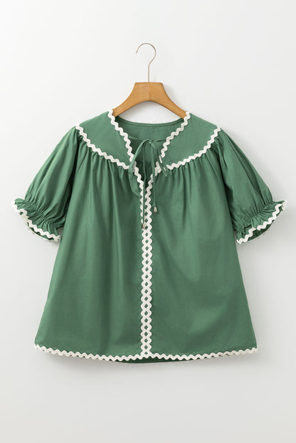 Mist Green V Neck Tie Detail Ricrac Blouse