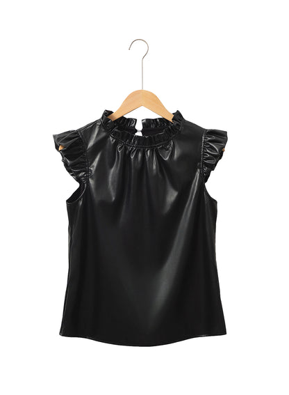 Black Solid Color Leather Frill Neck Ruffle Blouse