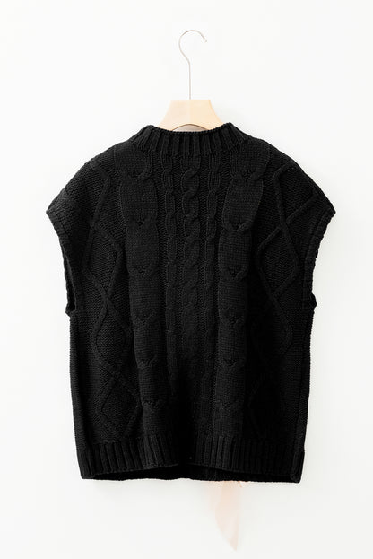 Black Satin Bowknot Cable Knit Top