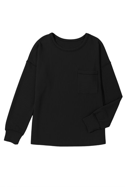 Black Pocketed Ribbed Long Sleeve Top