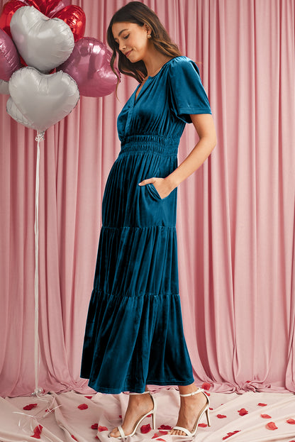 Red Dahlia Velvet Short Sleeve Shirred Waist Tiered Maxi Dress