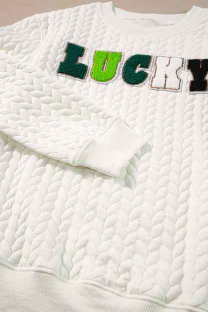 White XOXO Chenille Letter Patch Quilted Sweatshirt