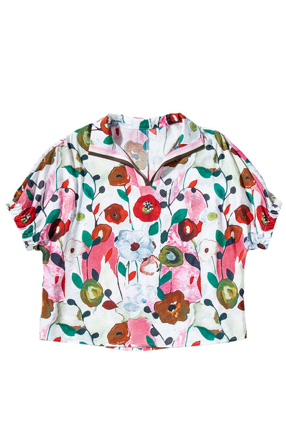 Light Blue V-Neck Floral Print Boho Blouse