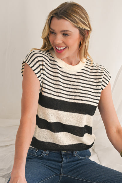 Black White Striped Sleeveless Knit Top
