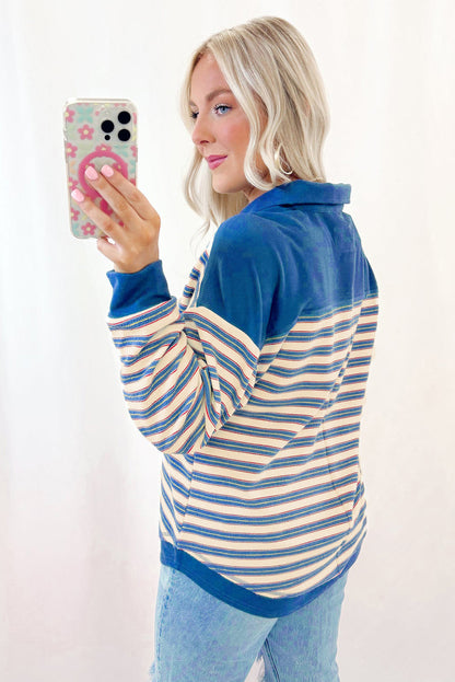 Pink Stripe Collared V Neck Drop Shoulder Top