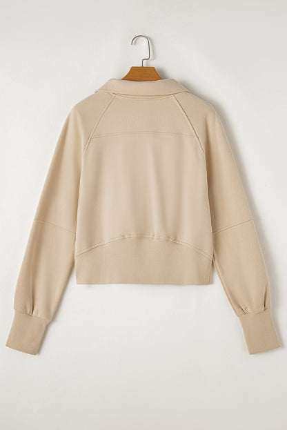 Gray Zip Up Stand Collar Ribbed Thumbhole Sleeve Sweatshirt