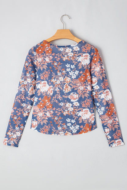 Green Floral Print Mesh Long Sleeve Top