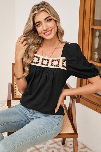 Black Crochet Square Neck Crinkled Blouse