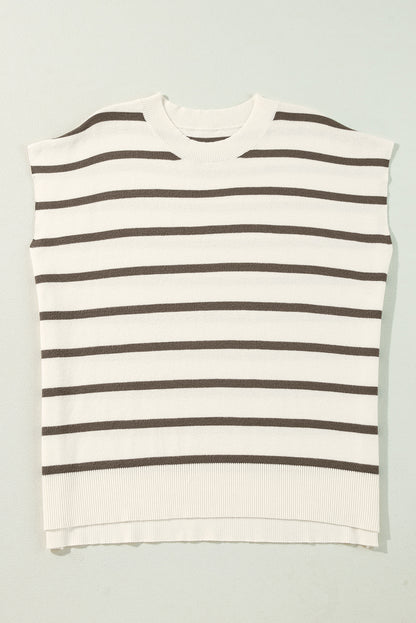 Brown Stripe Side Slits Short Sleeve Knit Top