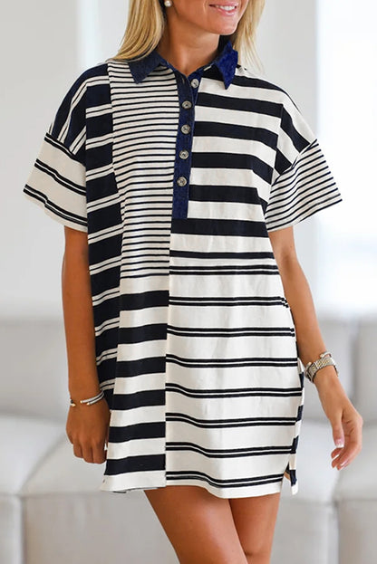 Black Striped Patchwork Collared Mini Dress
